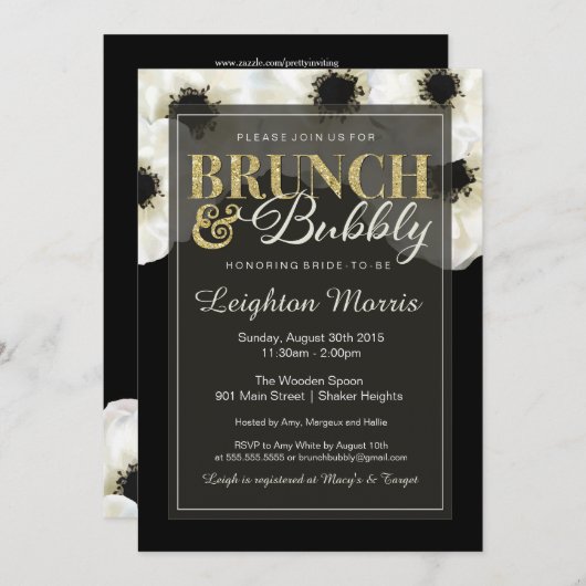Brunch & Bubble Gold Glitzer Anemone Dusche Einladung (Vorne/Hinten)