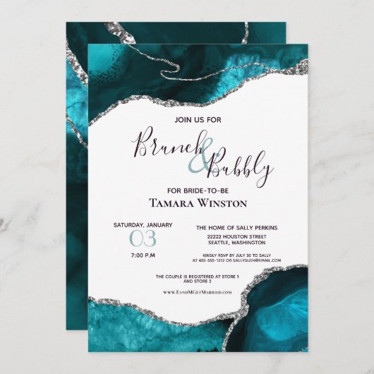 Brunch Bubbly Aquamarin Silver Glitzer Agate Dusch Einladung (Vorne/Hinten)