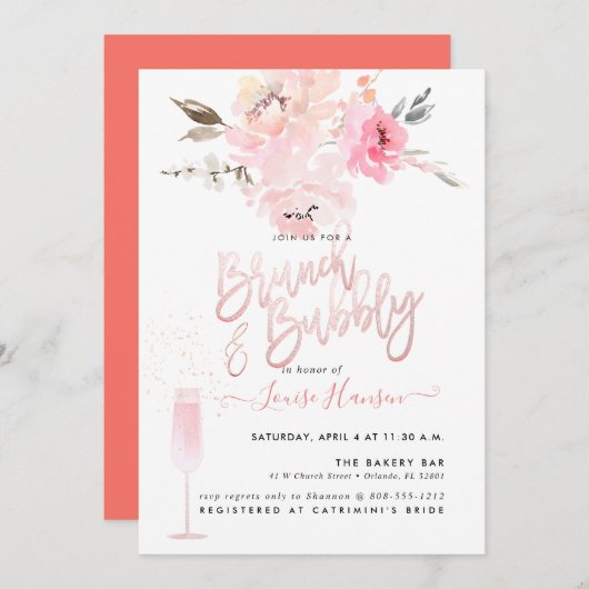 Brunch+Bubbly, Aquarell Blush Pink Peonys Einladung (Vorne/Hinten)