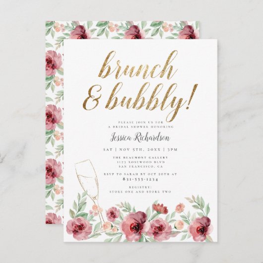 Brunch & Bubbly | Aquarellfarbenes Brautparty Einladungspostkarte (Vorne/Hinten)