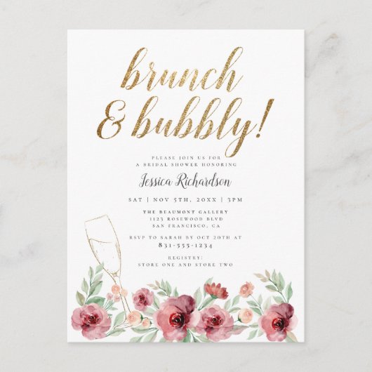 Brunch & Bubbly | Aquarellfarbenes Brautparty Einladungspostkarte (Vorderseite)