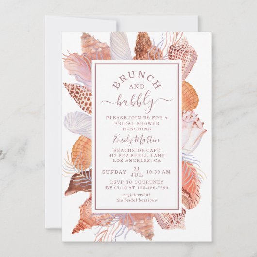 Brunch & Bubbly Beach Seashells Brautparty Einladung (Vorderseite)