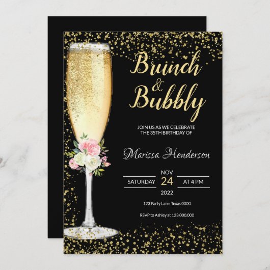 Brunch & Bubbly Birthday Floral Einladung (Vorne/Hinten)