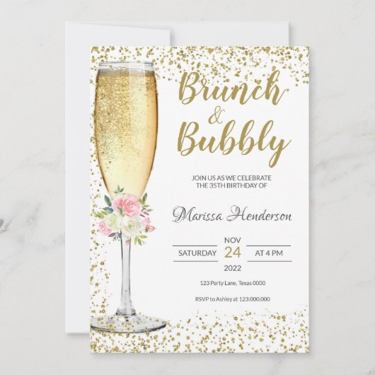 Brunch & Bubbly Birthday Pink Floral Einladung (Vorderseite)
