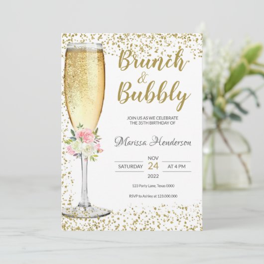 Brunch & Bubbly Birthday Pink Floral Einladung (Stehend Vorderseite)