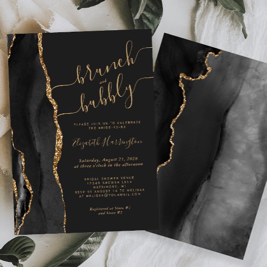 Brunch & Bubbly Black Gold Agate Brautparty Einladung