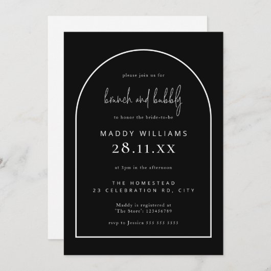 Brunch & Bubbly Black Minimalistisch Arch Bridal  Einladung (Vorne/Hinten)