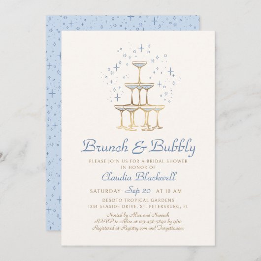 Brunch Bubbly Blue Bridal Dusche Einladung (Vorne/Hinten)