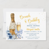 BRUNCH & BUBBLY Blue Floral Brautparty Einladung (Vorderseite)