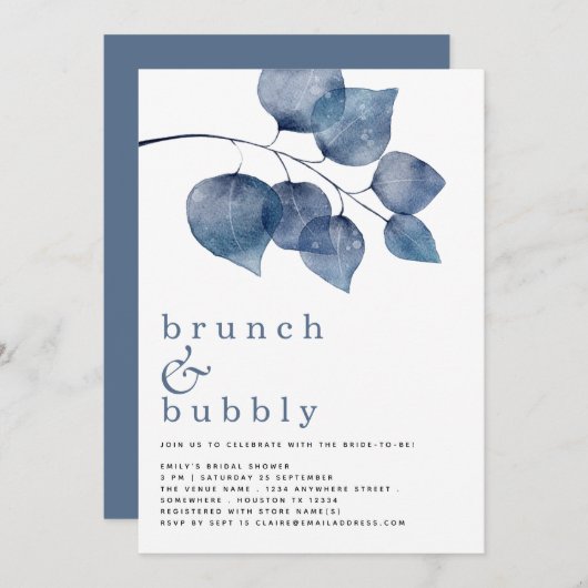 Brunch Bubbly Blue Foliage Brautparty Einladung (Vorne/Hinten)