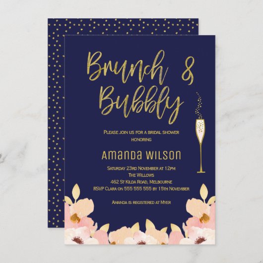 Brunch Bubbly Blue Gold Bridal Dusche Einladung (Vorne/Hinten)