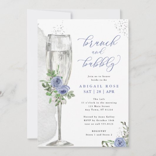 Brunch & Bubbly Blue Silver Floral Brautparty Einladung (Vorderseite)