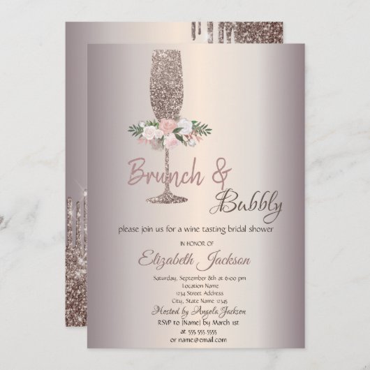 Brunch & Bubbly Blume Rose Gold Brautparty Einladung (Vorne/Hinten)