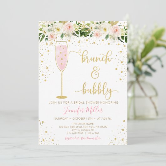 Brunch & Bubbly Blush & Gold Floral Brautparty Einladung (Stehend Vorderseite)