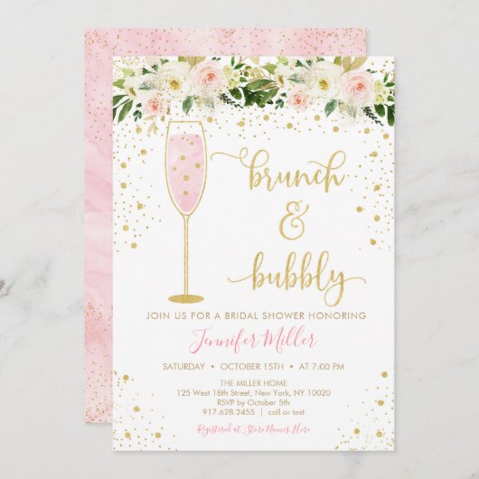 Brunch & Bubbly Blush & Gold Floral Brautparty Einladung (Vorne/Hinten)