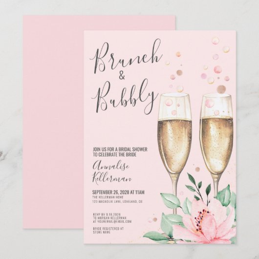 Brunch Bubbly Blush Pink Floral Bridal Shower Einladung (Vorne/Hinten)