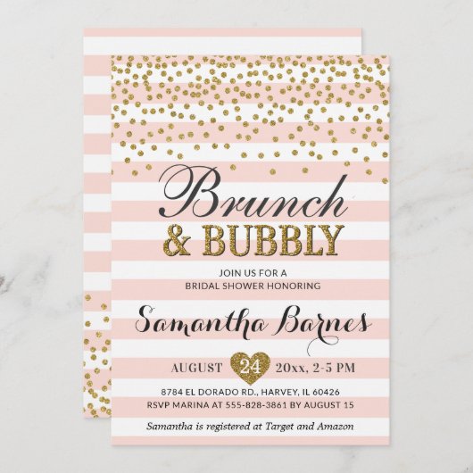 Brunch Bubbly Blush Pink Gold Brautparty Einladung (Vorne/Hinten)