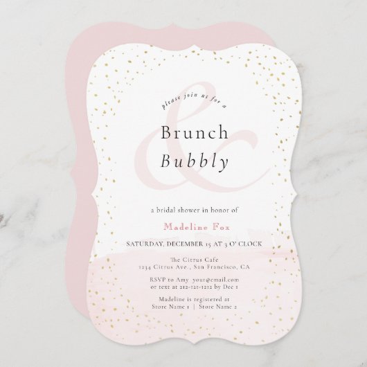 Brunch & Bubbly Blush Pink x Gold Brautparty Einladung (Vorne/Hinten)