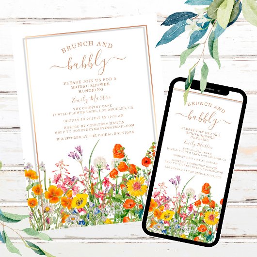 Brunch & Bubbly Boho Wild Blume Brautparty Einladung