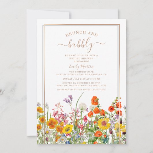 Brunch & Bubbly Boho Wild Blume Brautparty Einladung (Vorderseite)