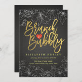 Brunch & Bubbly Brautparty aus Gold und Schwarz Einladung (Vorne/Hinten)