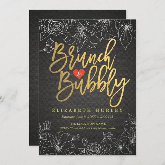 Brunch & Bubbly Brautparty aus Gold und Schwarz Einladung (Vorne/Hinten)