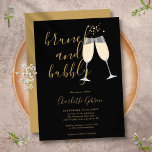 Brunch Bubbly Brautparty Black and Gold Einladung<br><div class="desc">Die elegante Brunch- und Brautduscheinladung mit Champagnergläsern und dem prächtigen Scriptnamen personalisiert mit den Informationen in schicken Goldschriften auf schwarzem Hintergrund. Entwickelt von Thisisnotme©</div>