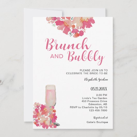 Brunch & Bubbly Brautparty Blumenrosa Chic Einladung (Vorderseite)