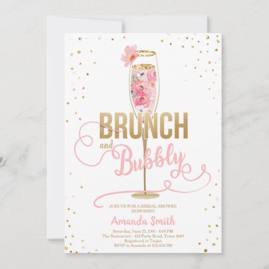 Brunch & Bubbly Brautparty Blush Gold Champagne Einladung (Vorderseite)