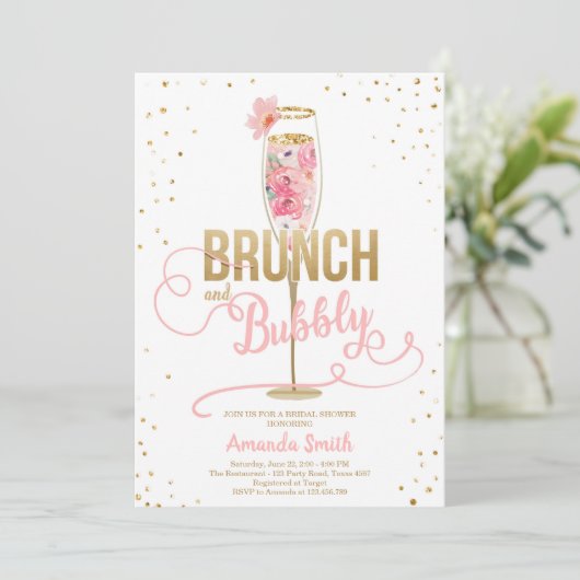 Brunch & Bubbly Brautparty Blush Gold Champagne Einladung (Stehend Vorderseite)