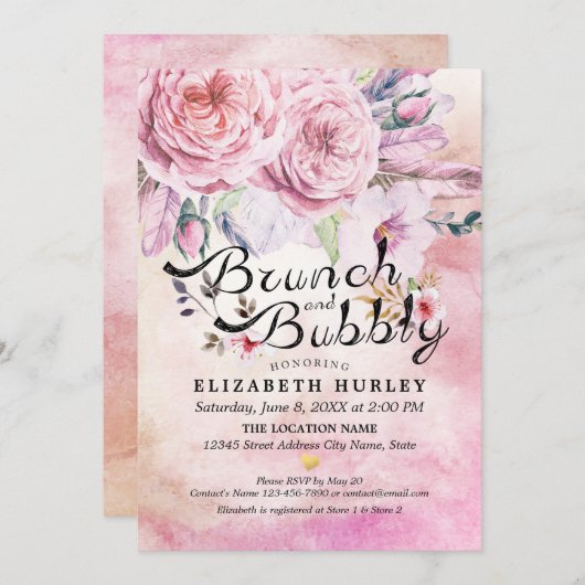 Brunch & Bubbly Brautparty Boho Floral Feather Einladung (Vorne/Hinten)