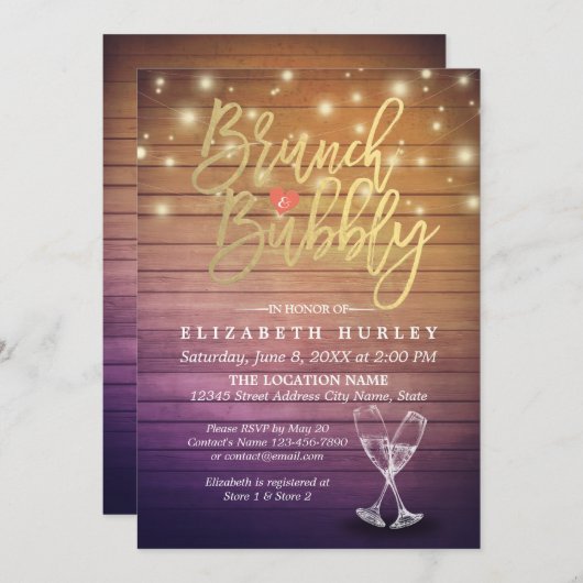 Brunch & Bubbly Brautparty Champagner Glass Wood Einladung (Vorne/Hinten)