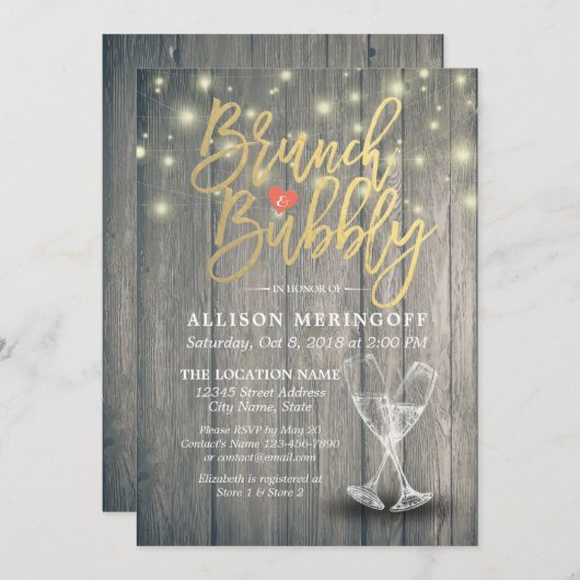 Brunch & Bubbly Brautparty Champagner Glass Wood Einladung (Vorne/Hinten)