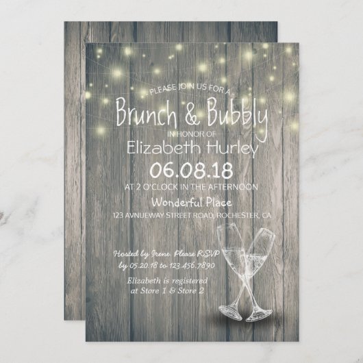 Brunch & Bubbly Brautparty Champagner Glass Wood Einladung (Vorne/Hinten)