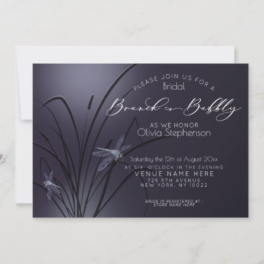 Brunch Bubbly Brautparty Dusty Plum Dragonfly Einladung (Vorderseite)