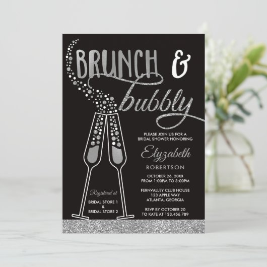 Brunch & Bubbly Brautparty Einladung, Imitate Silb Einladung (Stehend Vorderseite)