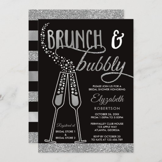 Brunch & Bubbly Brautparty Einladung, Imitate Silb Einladung (Vorne/Hinten)