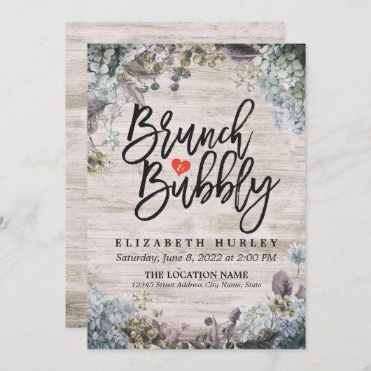Brunch & Bubbly Brautparty Floral & Rustikales Hol Einladung (Vorne/Hinten)