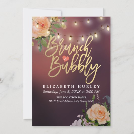 Brunch Bubbly Brautparty Floral String Lights Einladung (Vorderseite)