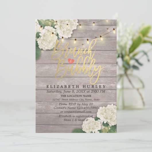 Brunch & Bubbly Brautparty Floral String Lights Einladung (Stehend Vorderseite)