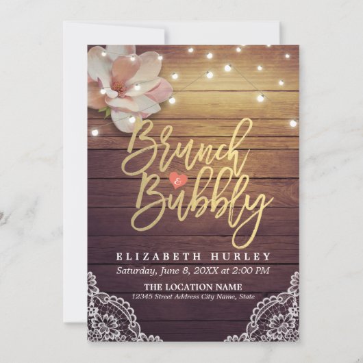 Brunch & Bubbly Brautparty Floral String Lights Einladung (Vorderseite)