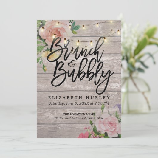 Brunch Bubbly Brautparty Floral String Lights Einladung (Stehend Vorderseite)
