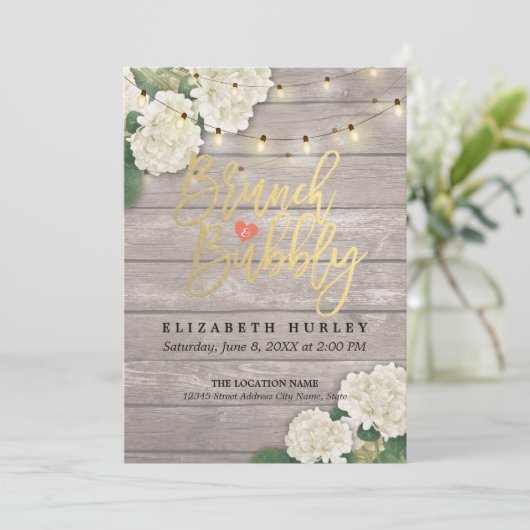 Brunch & Bubbly Brautparty Floral String Lights Einladung (Stehend Vorderseite)