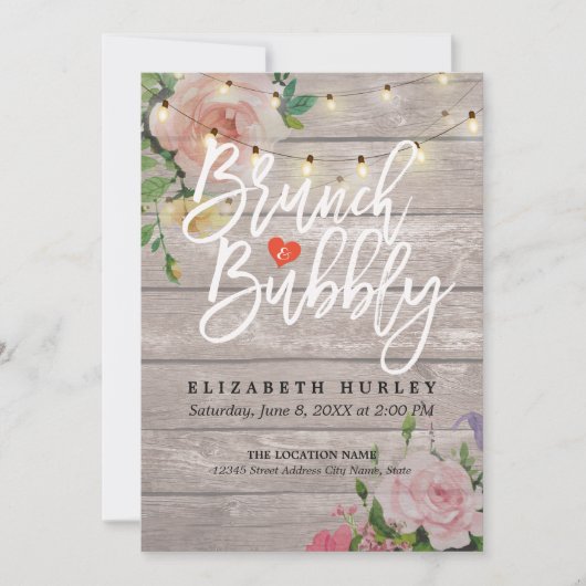 Brunch Bubbly Brautparty Floral String Lights Einladung (Vorderseite)