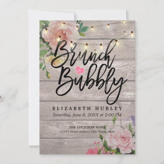 Brunch Bubbly Brautparty Floral String Lights Einladung (Vorderseite)