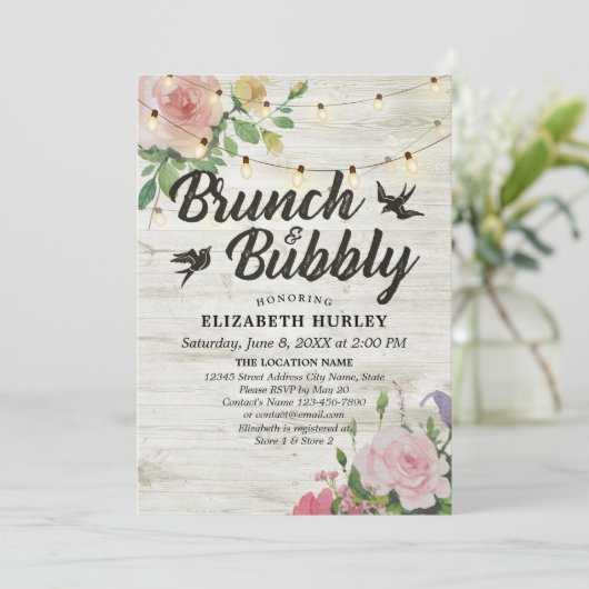 Brunch & Bubbly Brautparty Floral String Lights Einladung (Stehend Vorderseite)