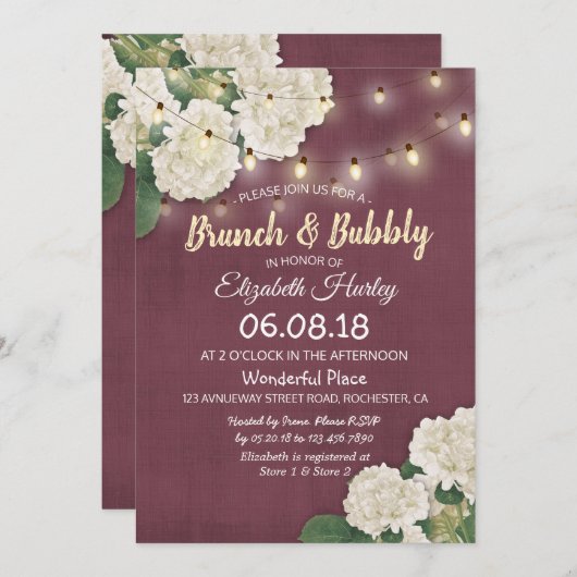 Brunch & Bubbly Brautparty Floral String Lights Einladung (Vorne/Hinten)