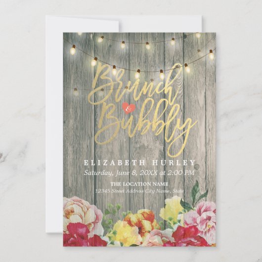 Brunch Bubbly Brautparty Floral String Lights Einladung (Vorderseite)