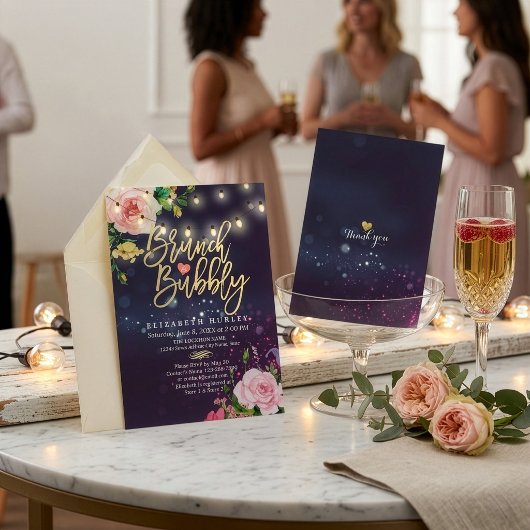 Brunch & Bubbly Brautparty Floral String Lights Einladung