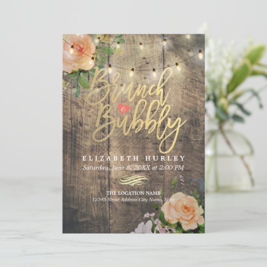 Brunch Bubbly Brautparty Floral String Lights Einladung (Stehend Vorderseite)
